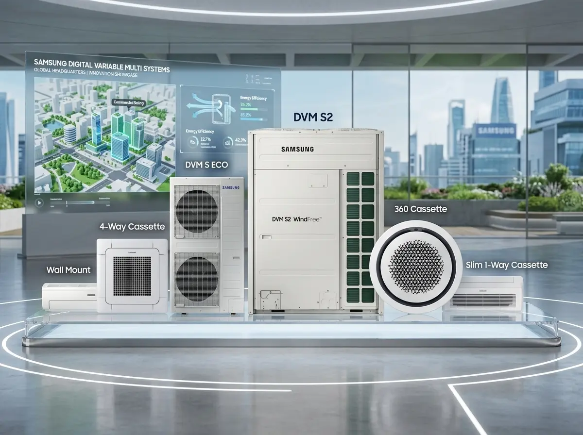 Modern Samsung VRF outdoor units installed on a rooftop